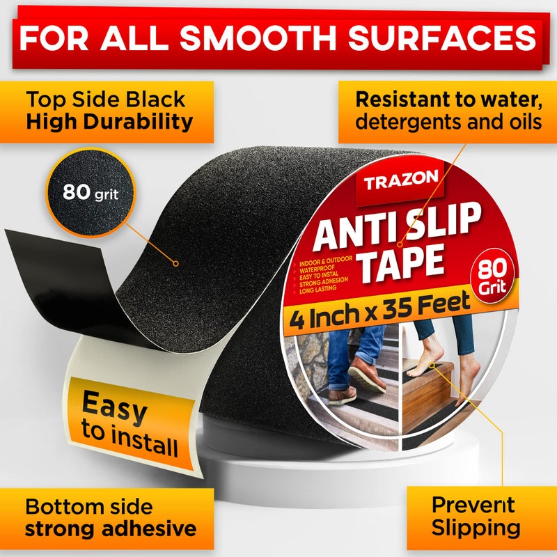 Trazon Grip Tape - Heavy Duty Anti Slip Tape for Stairs Outdoor/Indoor Waterproof 4Inch x 35Ft Safety Non Skid Roll for Stair Steps Ramp Traction Tread Staircases Grips Adhesive Non Slip Strips Walk Black - Image 2